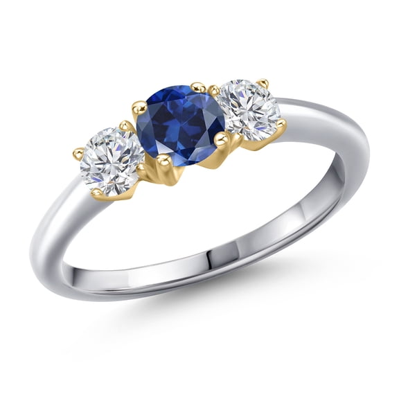 Gem Stone King 10K Two Tone Gold Blue Created Sapphire and Lab Grown Diamond Engagement Ring for Women | 1.14 Cttw | Round 5MM | Gemstone September Birthstone | Size 6