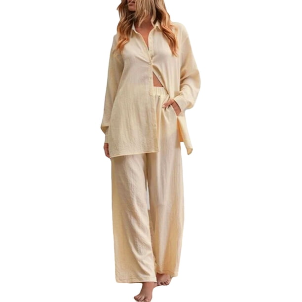 SAYOO Trajes casuales para mujeres, blusa de manga larga con solapa de color sólido + pantalones elásticos SAYOO moda