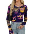 thumbnail image 4 of Mardi Gras Shirts Womens Glitter Mask Print Crew Neck Blouse Carnival Long Sleeve Party Tunic Tops Dark Purple S, 4 of 5