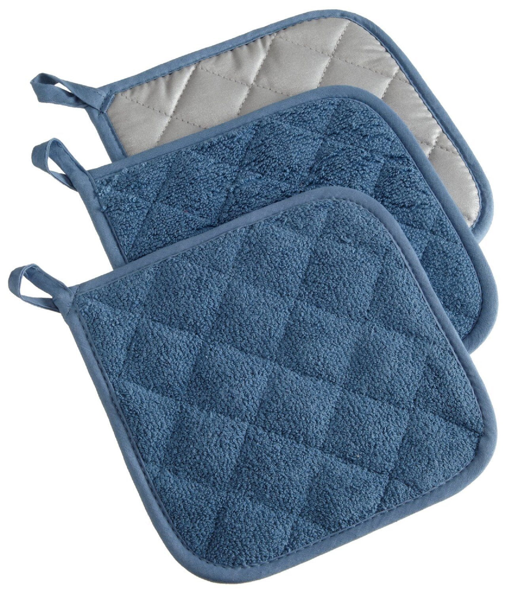 Set of 3 Blue and Silver Colored Terry Cloth Square Potholders 7 ...