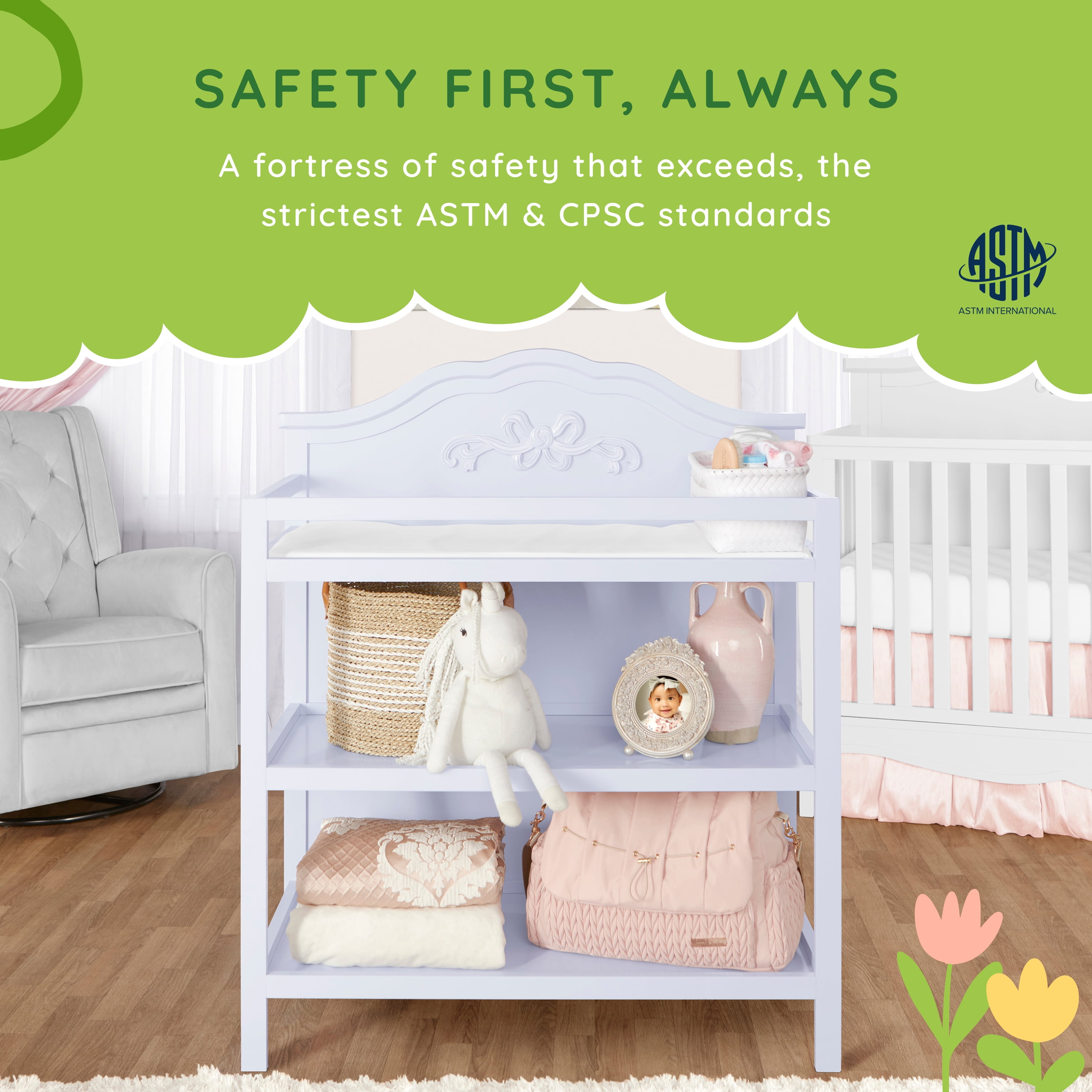 Dream On Me Jasmine Changing Table with Fixed Shelves, Lavender Ice, 1" Mattress Pad, Safety Strap