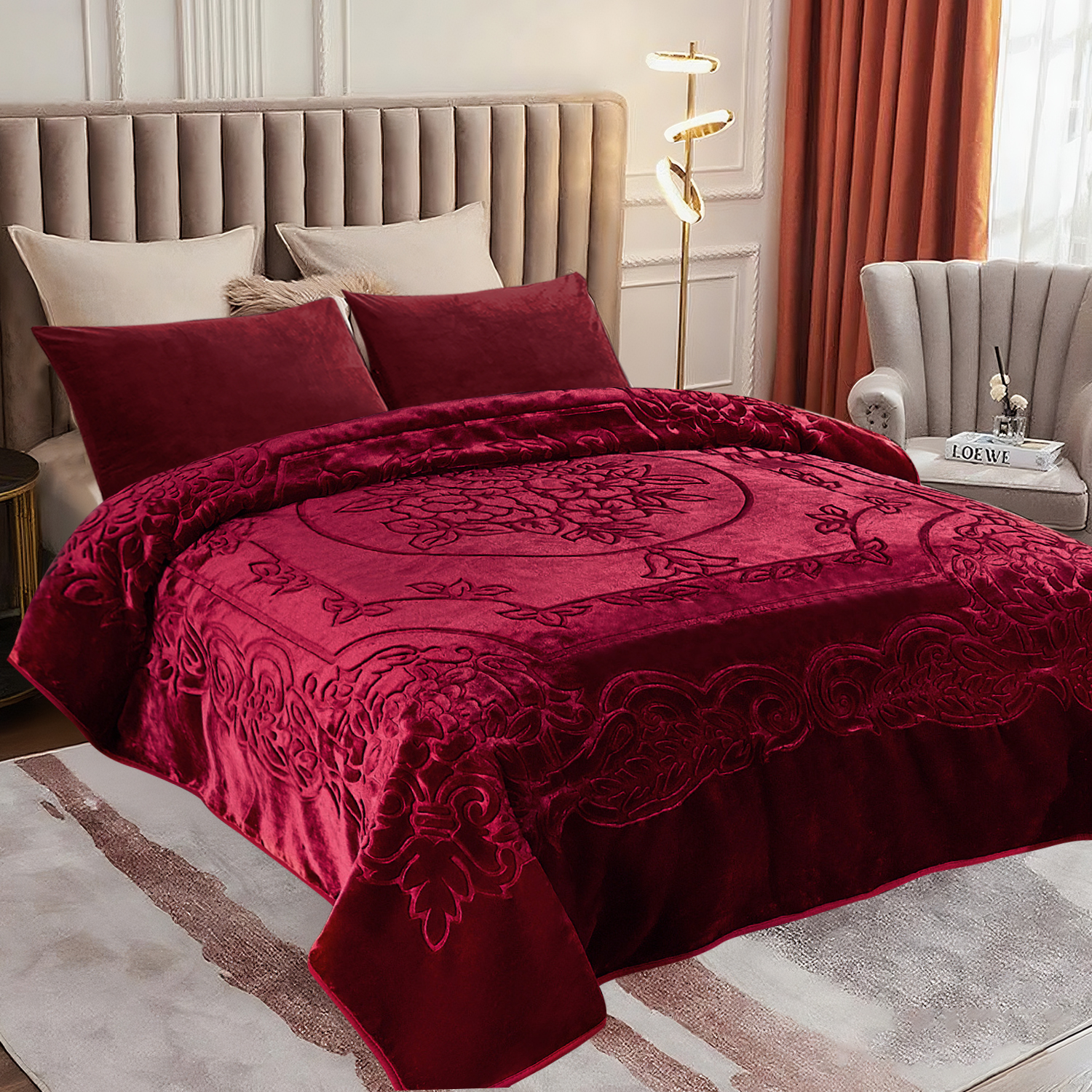 Heavy Thick Fleece Blanket King Size, 9lbs,1 Ply Silky Soft Warm Flower Embossed Raschel Winter Blanket, Minky Soft Plush Blanket for Sofa Bed, 85"x95", Burgundy