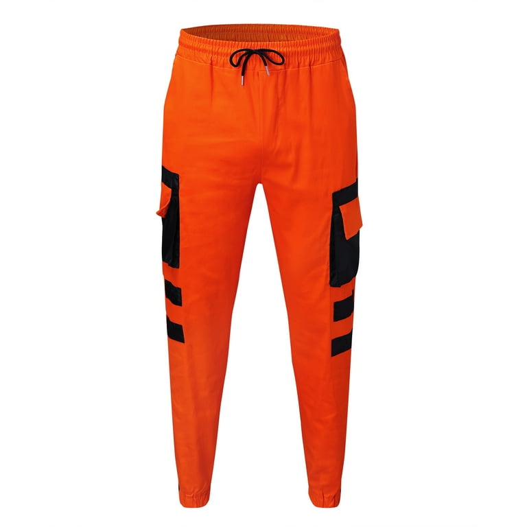 Orange Sweatpants Men s Fashion Casual Stitching Leg Multi pocket