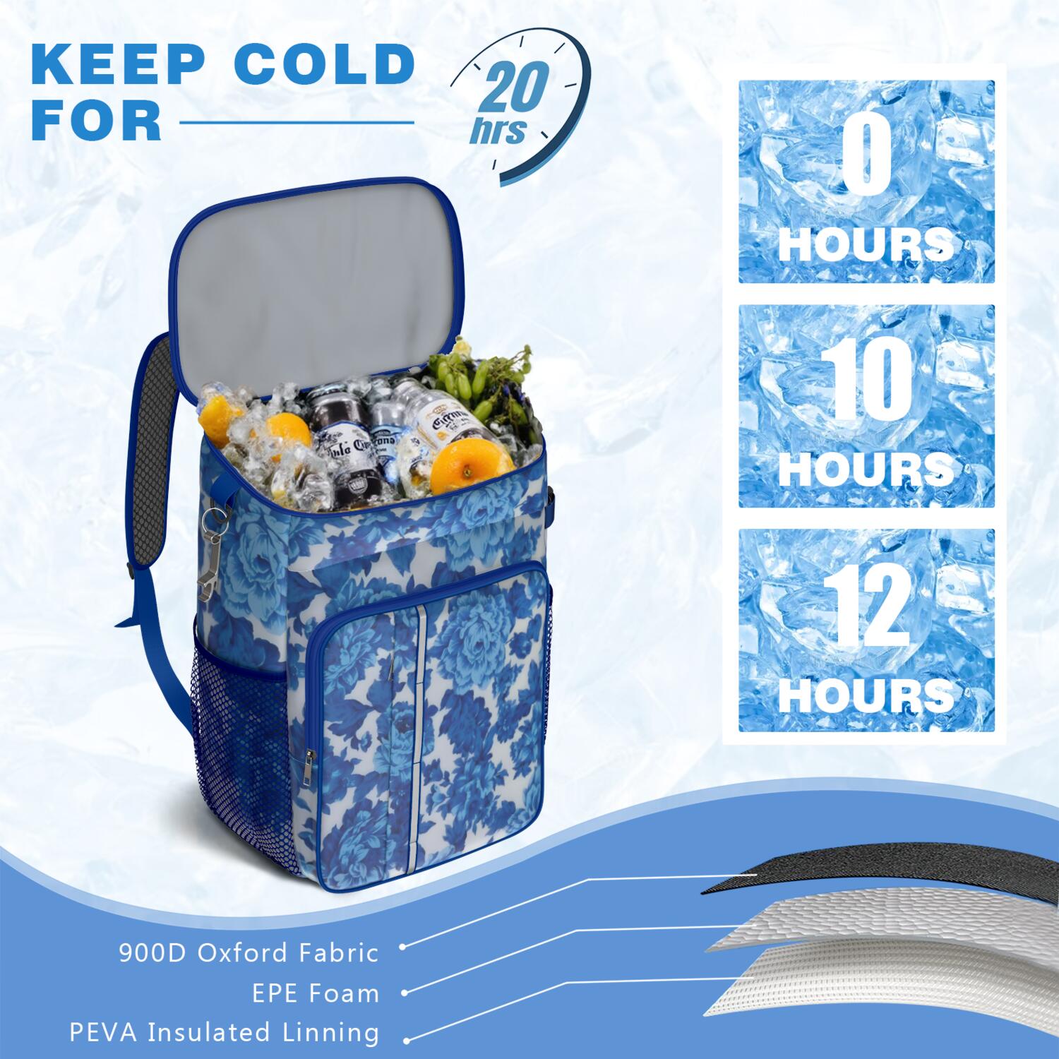 Travel Cooler Bag - Pioneer Flower Floral Print Pattern Camping Beer Cooler Backpack with Bottle Opener- Waterproof Insulated Picnic Backpacks - Cooler Bag for Beach