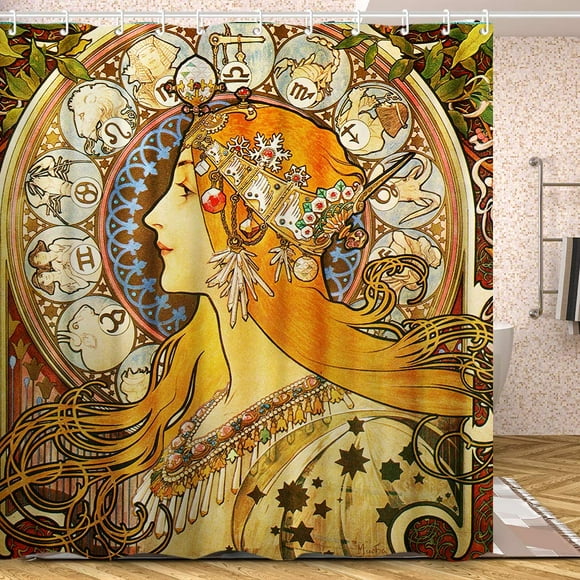 INVIN ART Bathroom Shower Curtain Set with Hooks,Zodiac, 1896 by Alphonse Mucha,Home Art Paintings Pictures for Bathroom