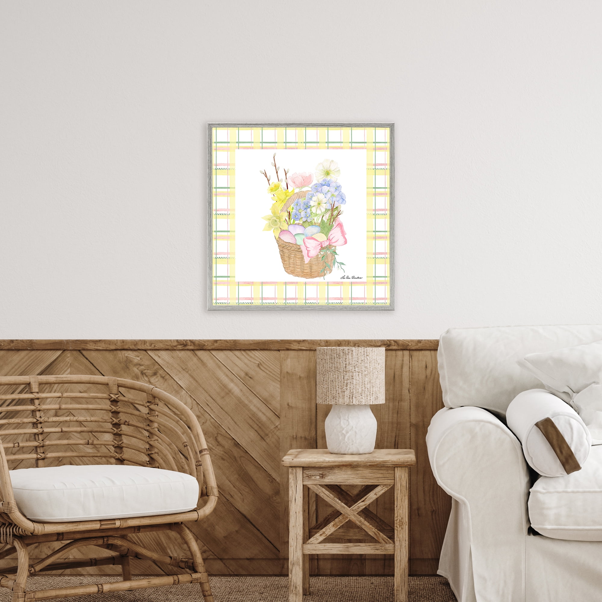 Spring Basket on Plaid Gray Framed Giclee Art, design by Lee Ann Sanders