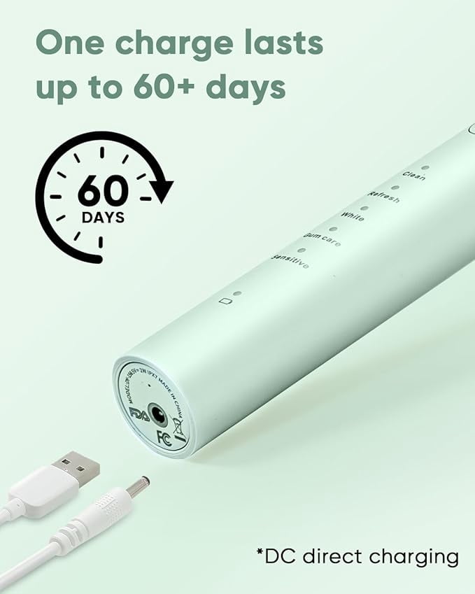 (5 pack) MySmile DY156 Sonic Electric Toothbrush for Adults, 45000 VPM Powered Toothbrush Rechargeable, IPX7 Waterproof, 5 Modes, 2 Mins Smart Timer, 60 Day Battery Life, 3 Tooth Brush Heads, Green