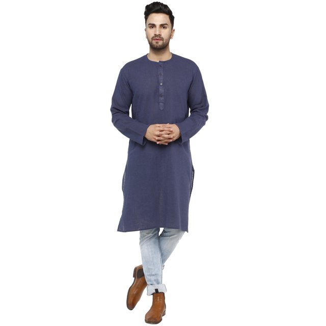 SKAVIJ Chemise Longue Kurta en Coton pour Homme Regular Fit (Medium, Blue)
