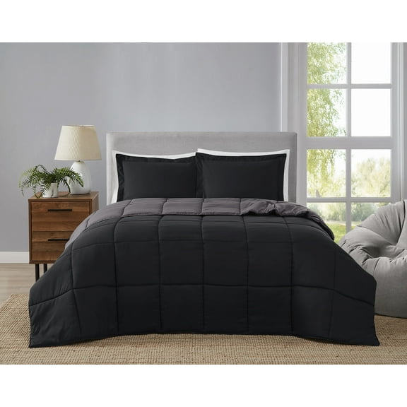 Truly Soft Everyday Reversible 100% Microfiber Polyester Black/Dark Grey 3-Piece King Comforter Set, Solid Casual themed, Adult Bedding, OEKO-TEX Certified
