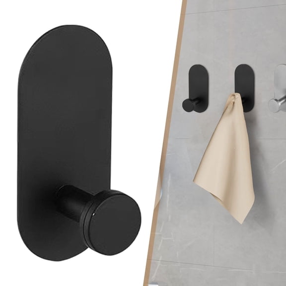 Adhesive Towel Hook, No Drill Stainless Wall Hanger, Hook for Bathroom & Kitchen Wall Mounted Hand Towel Bar Rack, Black
