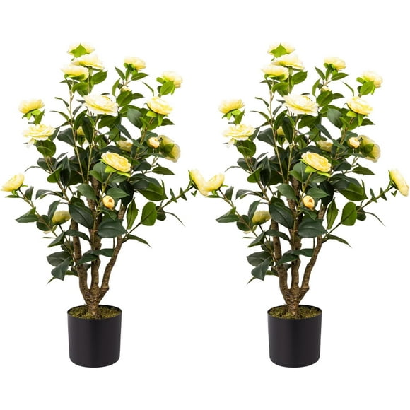 Artificial Camellia Tree, 3FT Yellow Fake Tree Blooming Camellia Flower Plant for Spring Home Front Door Outdoor Indoor Decoration