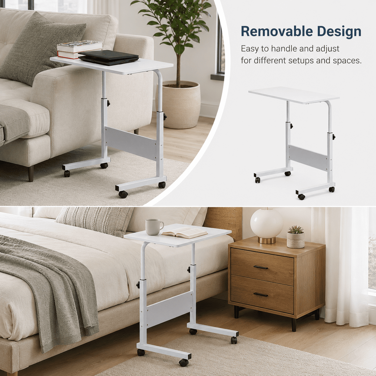 Alvantor Rolling Laptop Table, Height Adjustable, Removable Design, Wheels and Baffle Panel, White, Large, 31.5 x 15.75 in