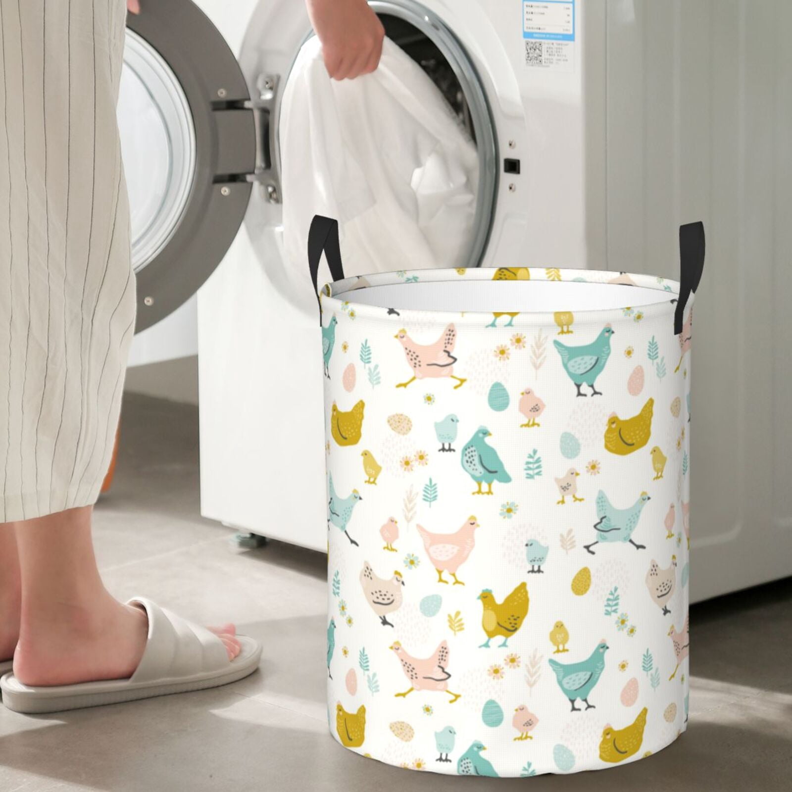 Large Laundry Basket with Handles - Bohemian Painted Chicken Flowers Kids Baby Dirty Clothes Laundry Hamper for Bedroom Aesthetic