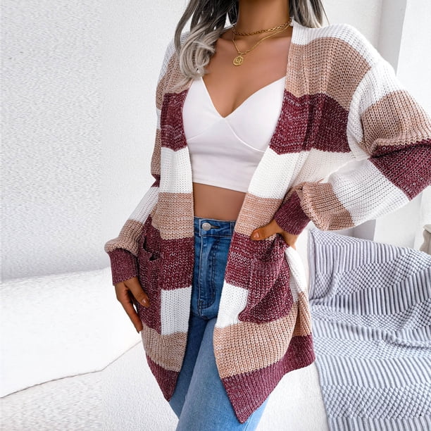 Pntutb Moda Mujer Otoño Invierno Rayas Manga Larga Cardigan Suéter Abrigo tops Rollbacks Pntutb Pntutb-3755