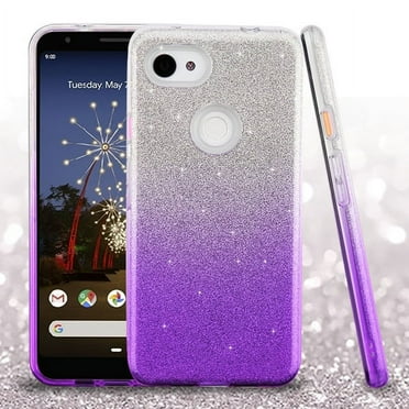Google Pixel 3A XL (6.0") Phone Case Slim Fit 3 Layer Luxury HYBRID Bling Glitter Candy Gummy Silicone Rubber Gel Soft TPU Protective Cover PURPLE Glittering Sparkle Cover for Google Pixel 3a XL