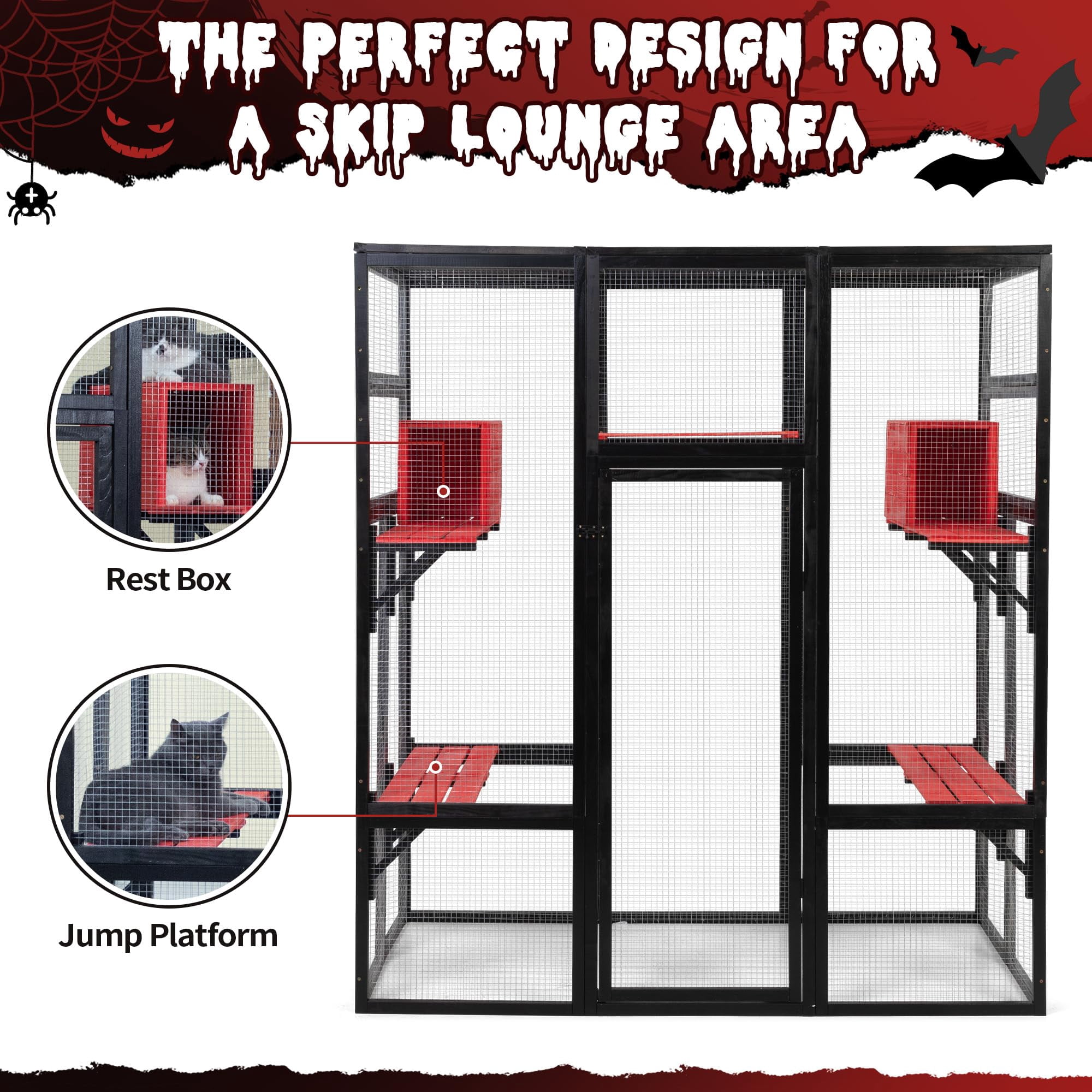 Large Wooden Catio Outdoor Enclosure for Cats with 7 Platforms 2 Resting Boxes, Spacious Indoor Cat Cage Waterproof UV Resistant Roof, Gothic Style, Black