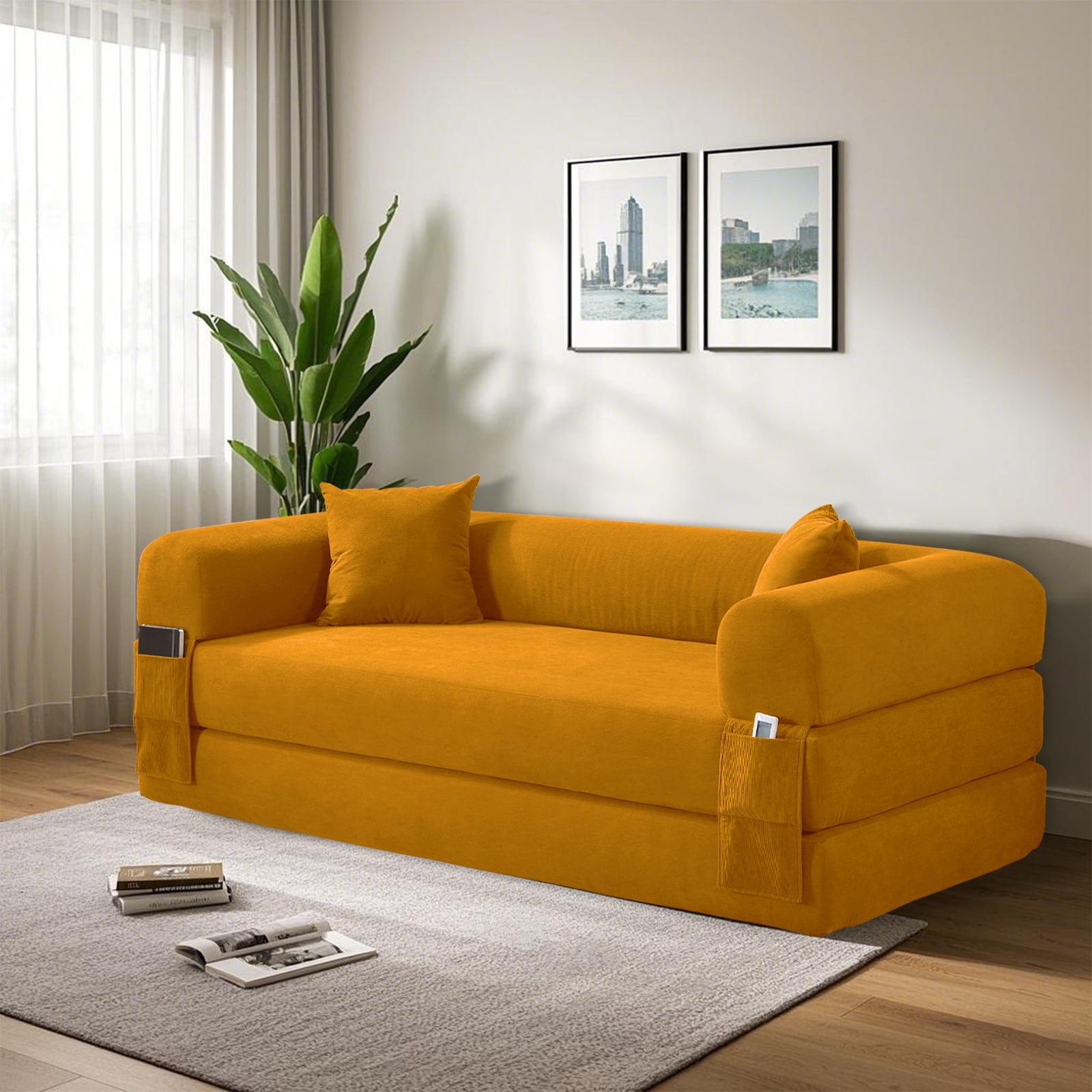 3 in 1 Convertible Sofa Bed, 80" Corduroy Folding Pull Out Couch with 2 Pillows, Floor Sofa with Side Storage for Living Room, No Assembly Modern Boneless Couch Compression Sofa, 30"W