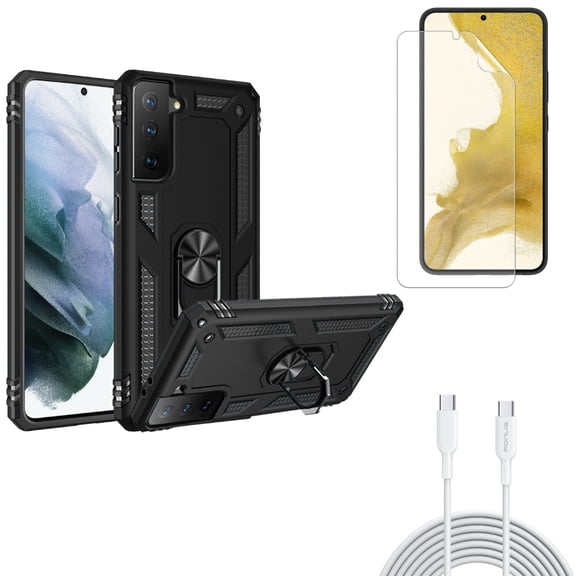 Matte Screen Protector & Hybrid Case Cover & 10ft Long Type-C Cable for Samsung Galaxy S22 (6.1") - TPU Film Anti-Glare & Metal Ring Kickstand & Fast Charger Cord PD Accessory Bundle