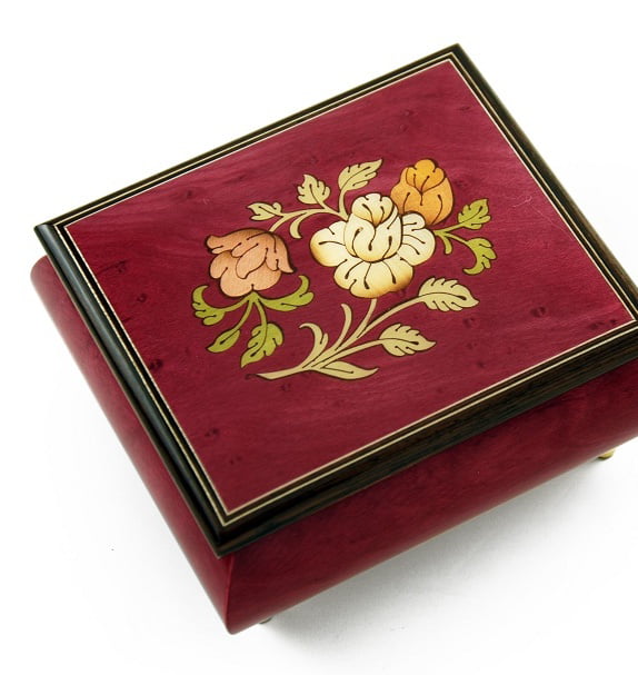 Music Box Made in Italy Vintage Wood Jewelry Box Inlay Flower Design Wooden Keepsake Box