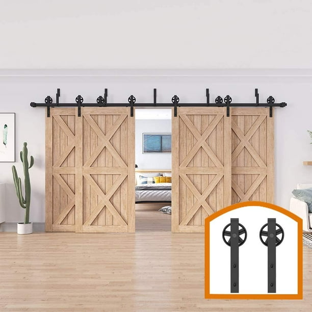 Rustic 10 16 Ft Bypass 4 Doors Barn Door Hardware Sliding Black Steel Big Wheel Roller Track 14 Kit Com Doors Barn Door Hardware Sliding, Sliding Barn Door Hardware 10 Ft
