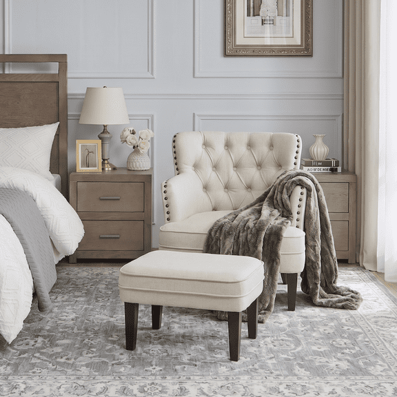 Accent Chair with Ottoman,28.4'' Wide Tufted Armchair and Ottoman for Bedroom Living Room, Beige 1 chair & 1 ottoman