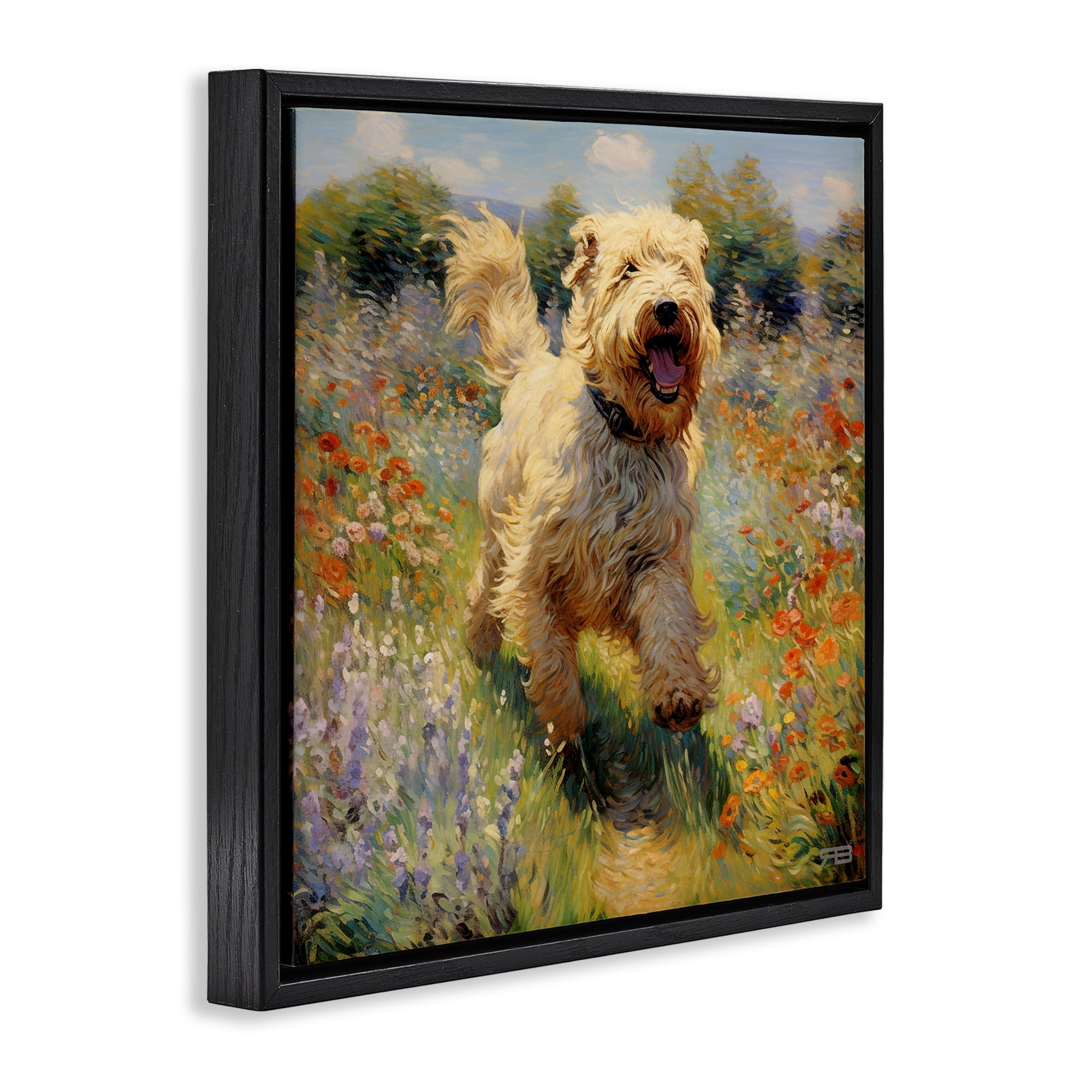 Stupell Industries Happy Running Terrier Dog Animals & Insects Painting Black Floater Framed Canvas Art Print Wall Art, 18 x 18