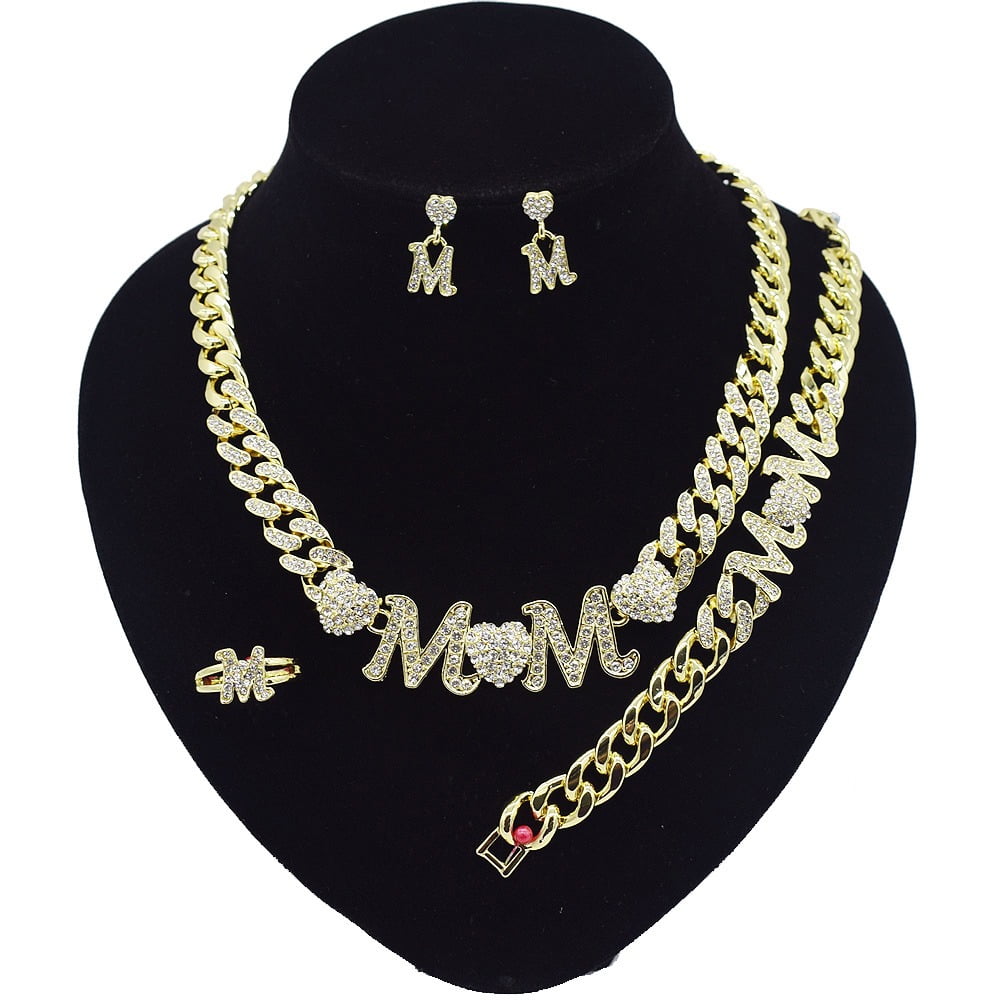 Women's Hugs & Kisses Xo Xo Miami Cuban iced Cut 4 Pieces Jewelry Set I Love Mom Charm Necklace Bracelet Earrings Ring 18k Real Gold Plated Layered