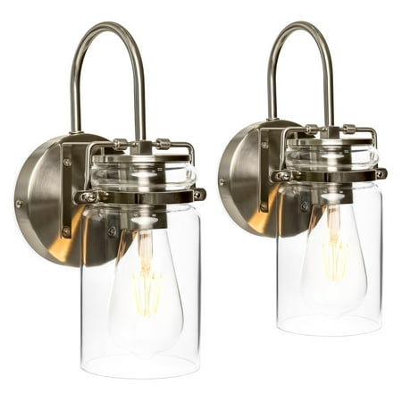 2 Light Sconce Lighting (Best Choice Products Set of 2 Industrial Metal Hardwire Wall Light Lamp Sconces w/ Clear Glass Jar Shade -)