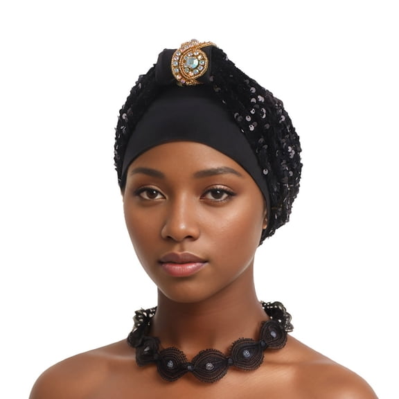 ZToonmas Women's Rhinestone and Sequin Turban Hat African Style Headwrap with Gem Accent Elegant Muslim Headscarf for Party