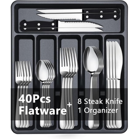 49 count Silverware Set - Stainless Steel Silverware Set with Organizer for 8, Flatware Set Included Steak and Drawer Organizer, Mirror Polished, Dishwasher Safe