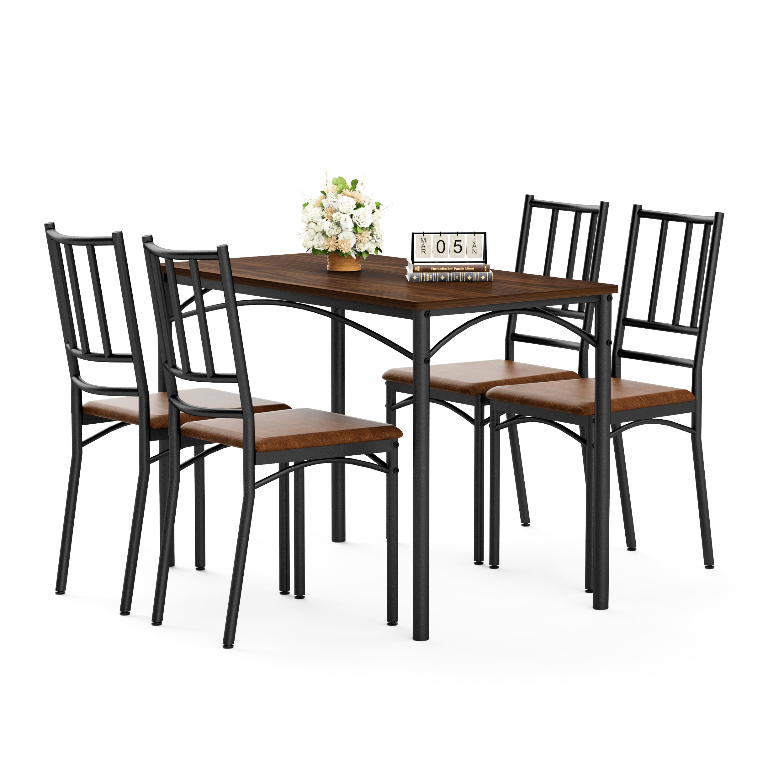 Aukfa 5-Piece Industrial Dining Table Set for 4, Kitchen Table and Chairs with PU Cushioned Seats, Brown