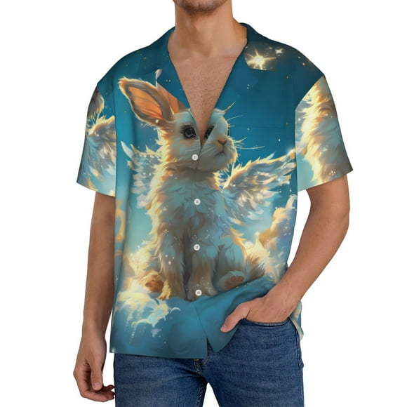 Fotbe Cute Angel Winged Rabbit Camisa Estampada de Manga Corta para Hombre, Casual de Verano, Estilo Playero, Sin Arrugas-X-Large