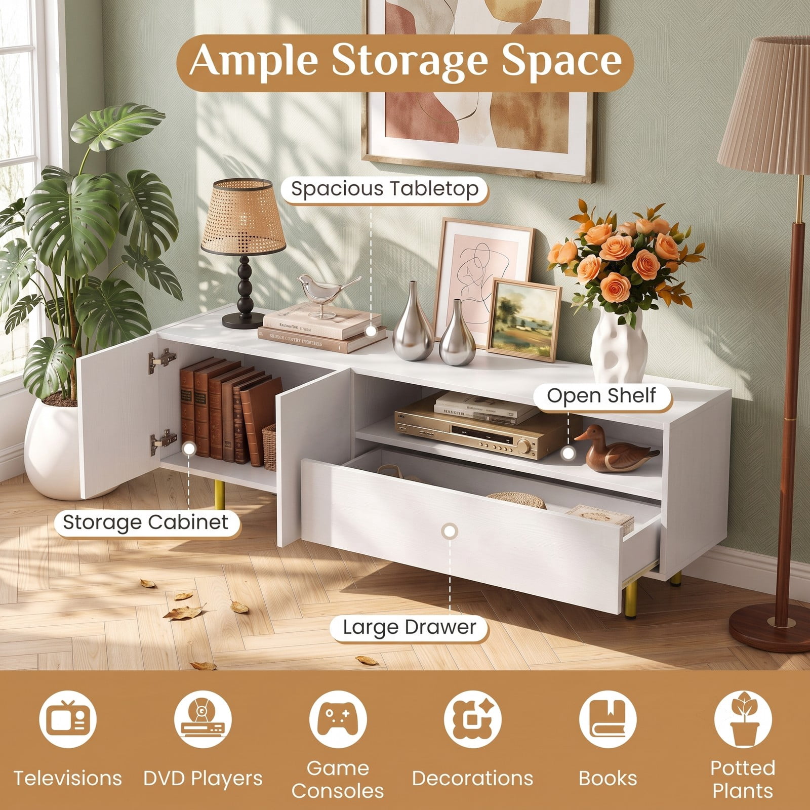 Furnibear 60 inch TV Stand for TVs up to 70 Inch with Storage Cabinet, Adjustable Shelf and Raised Metal Legs, Modern Entertainment Center Media Console for, White