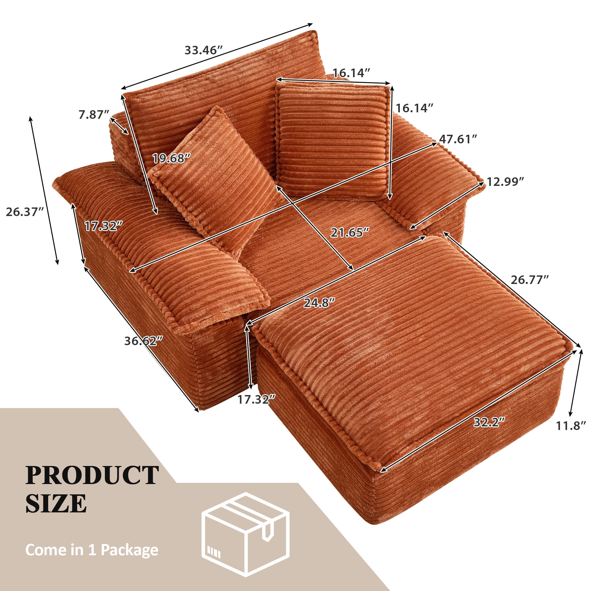 Aukfa 63.5" Oversized Chaise Lounge Sofa with Movable 2-Layer Ottoman, Deep Seat Boneless Couch, Corduroy Lounge Chair, Orange
