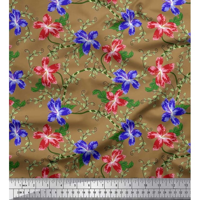 Soimoi Polyester Crepe Fabric Leaves & Azalea Floral Print Fabric by The Yard 52 Inch Wide