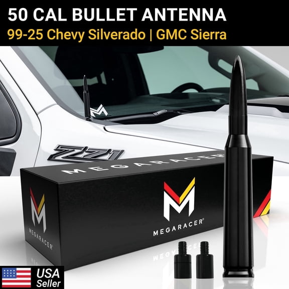 Mega Racer Black 50 Cal Bullet Antenna for 1999-2026 Chevy Silverado & GMC Sierra – Short Truck Antenna Replacement