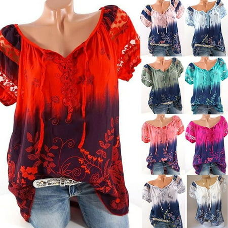Fashion Women Short Sleeve Gradient Color Shirt Summer Print Lace Hollow Bandage Blouse Casual Loose Tops