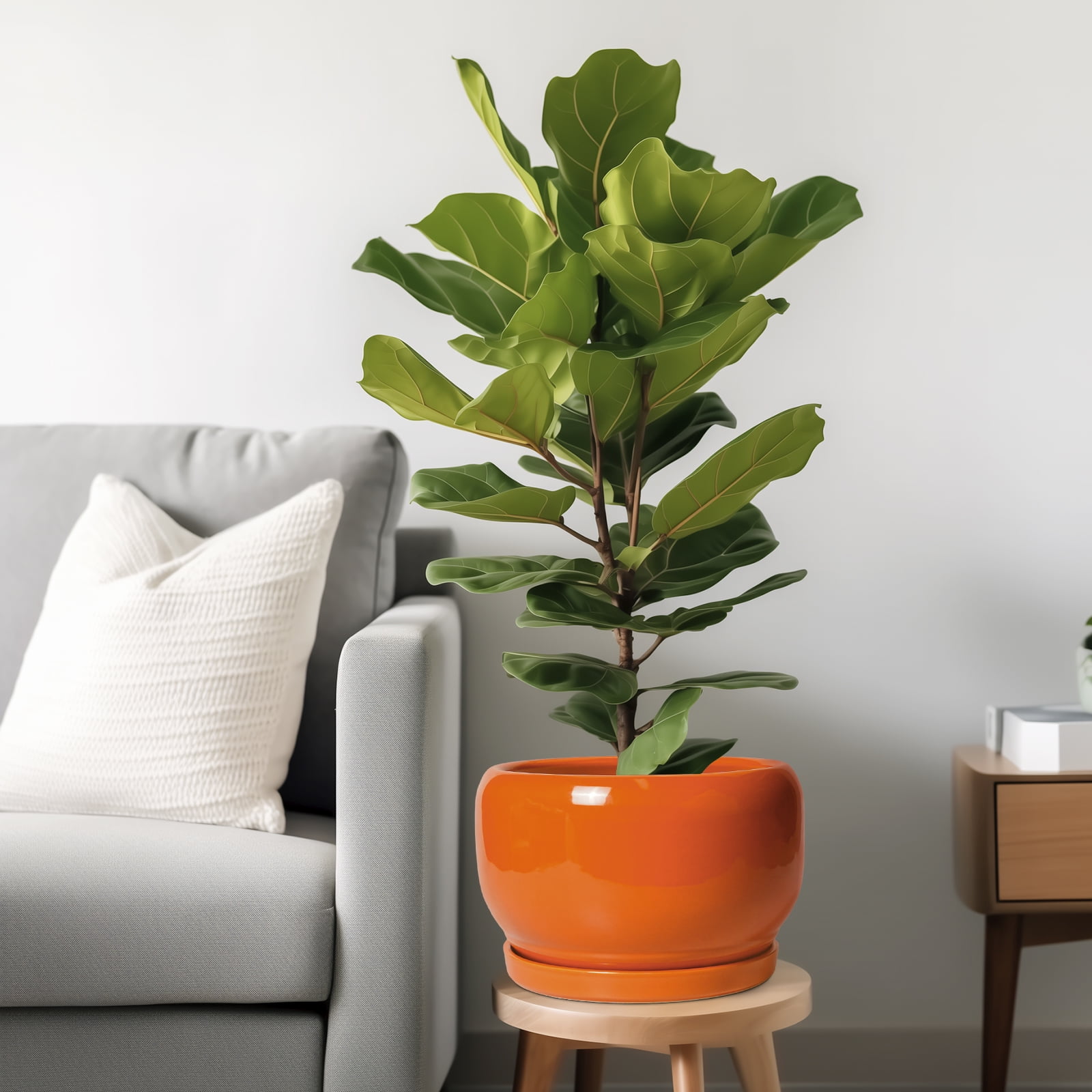10 inch Flower Pots, Large Round Ceramic Planter with Saucer & Drainage, Modern Pot for Indoor Plants & Flowers, for Cheerful Home Decor, Glossy Orange