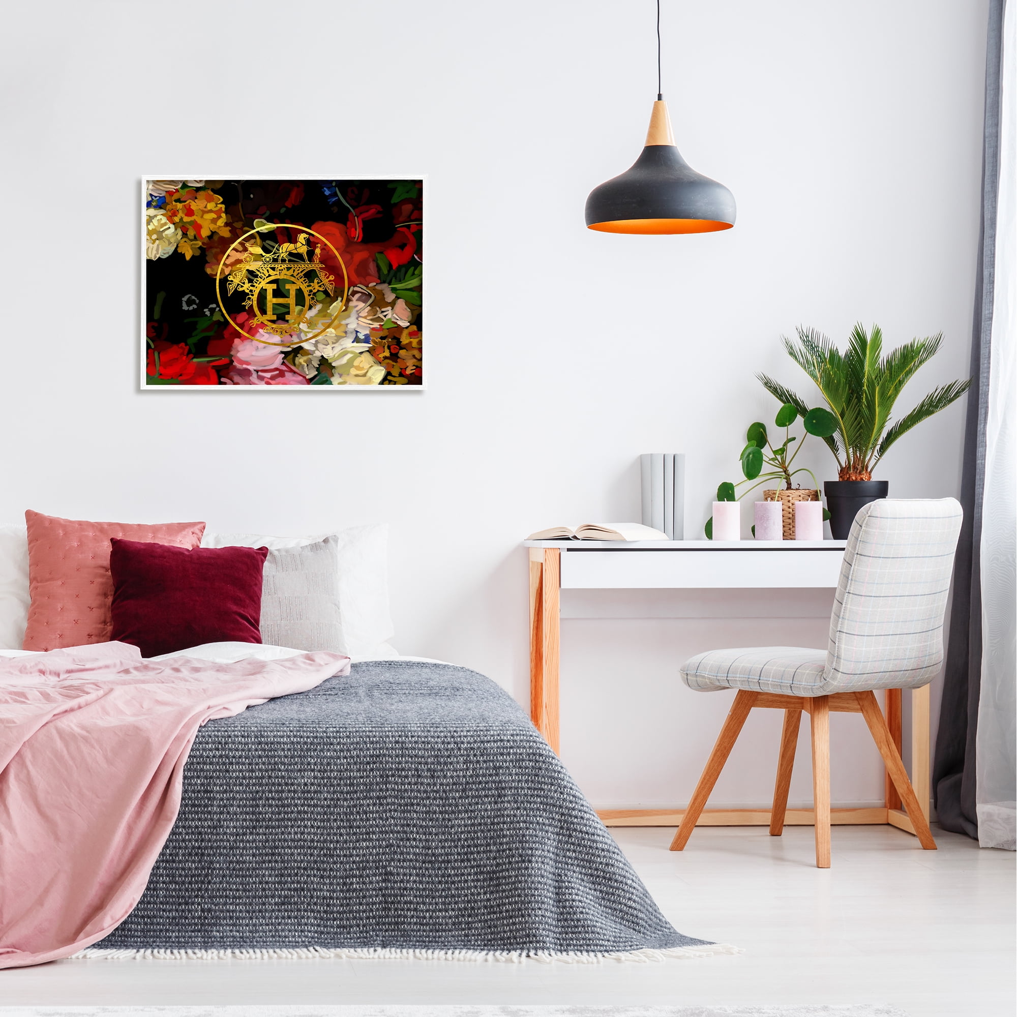 Stupell Industries Glam Emblem Flowers Botanical & Floral Painting White Framed Art Print Wall Art, 30 x 24
