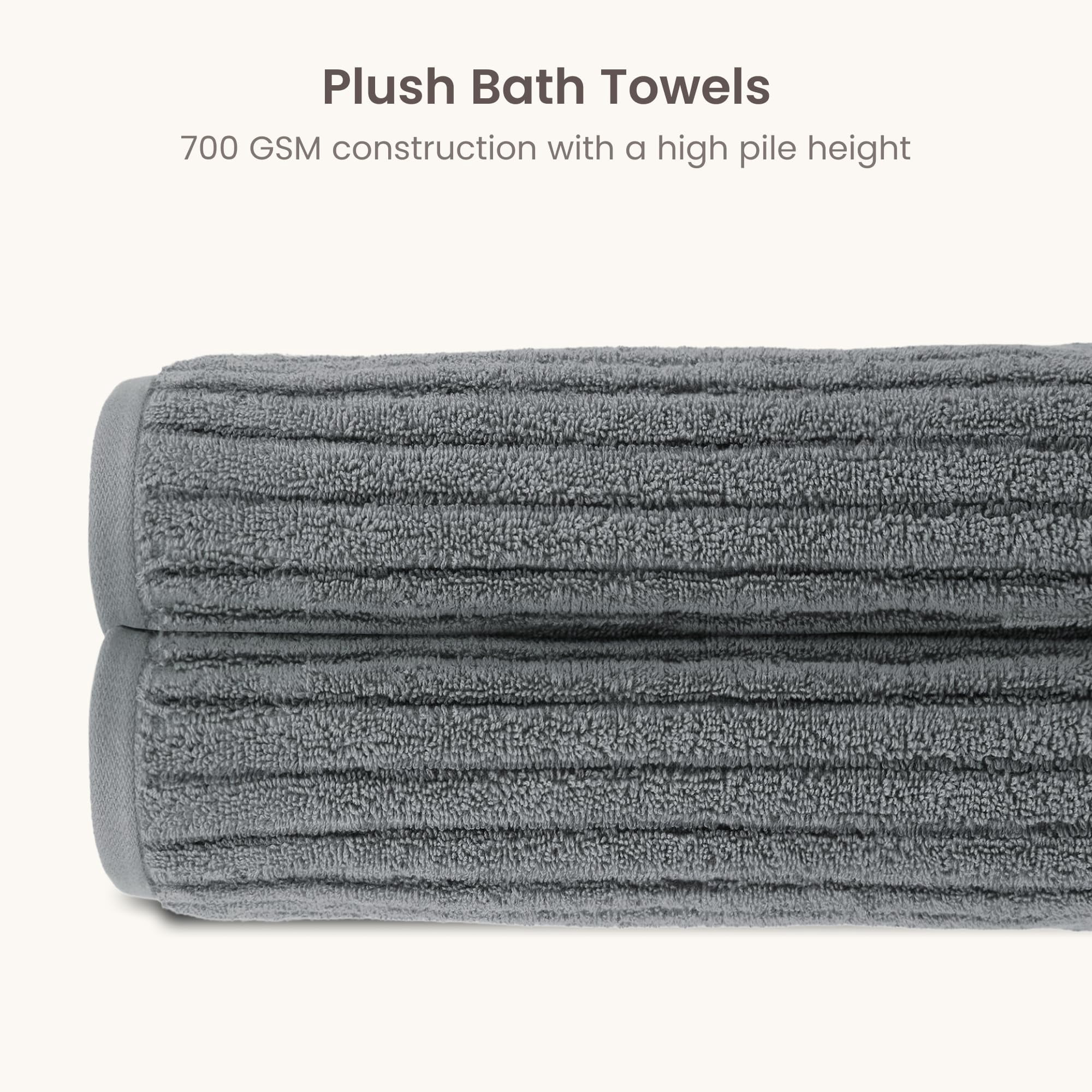 Bioweaves 100% Organic Cotton 700 GSM Luxury Ribbed Bath Towel Set for Bathroom 30" x 58" GOTS Certified - Pewter, Pack of 2