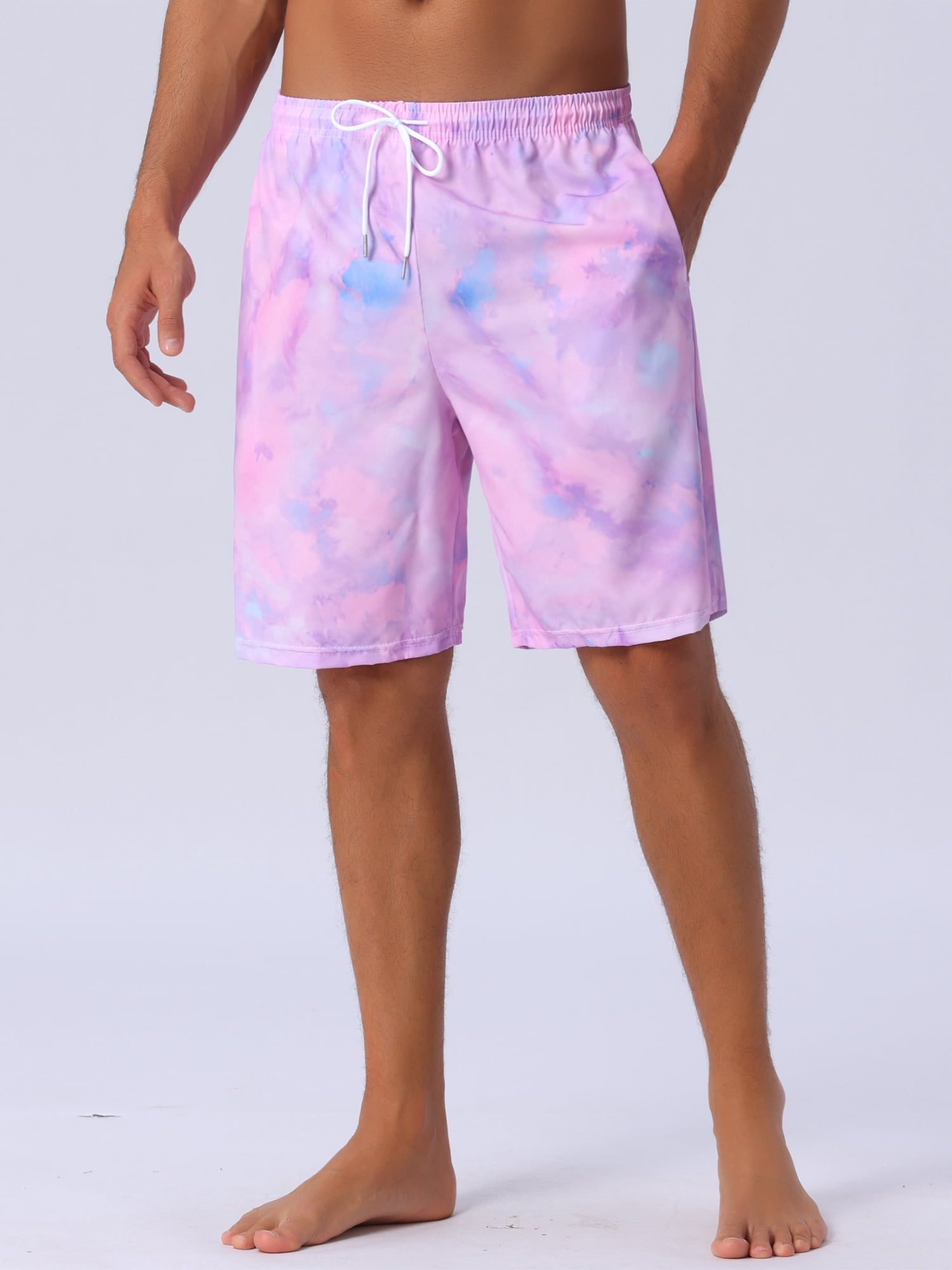 DARING DIVA Men's Tie-dyed Pattern Drawstring Elastic Waist Board Shorts 30 Purple Blue