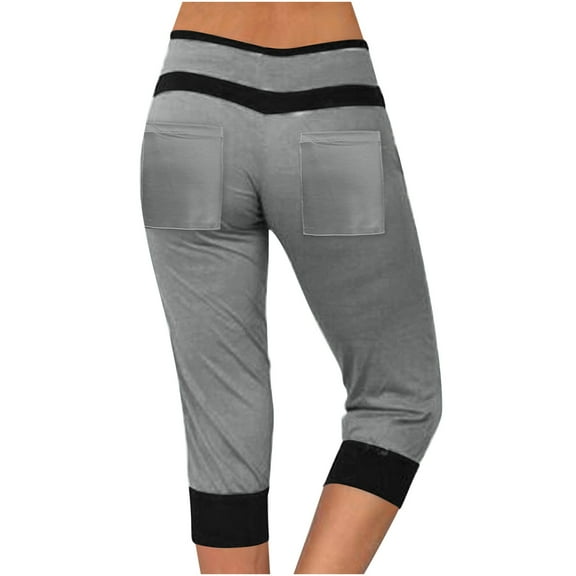 successthop Womens Plus Size Capris Casual Bottoms with Pockets Drawstring High Waist Color Block Summer Pants Gray 3XL