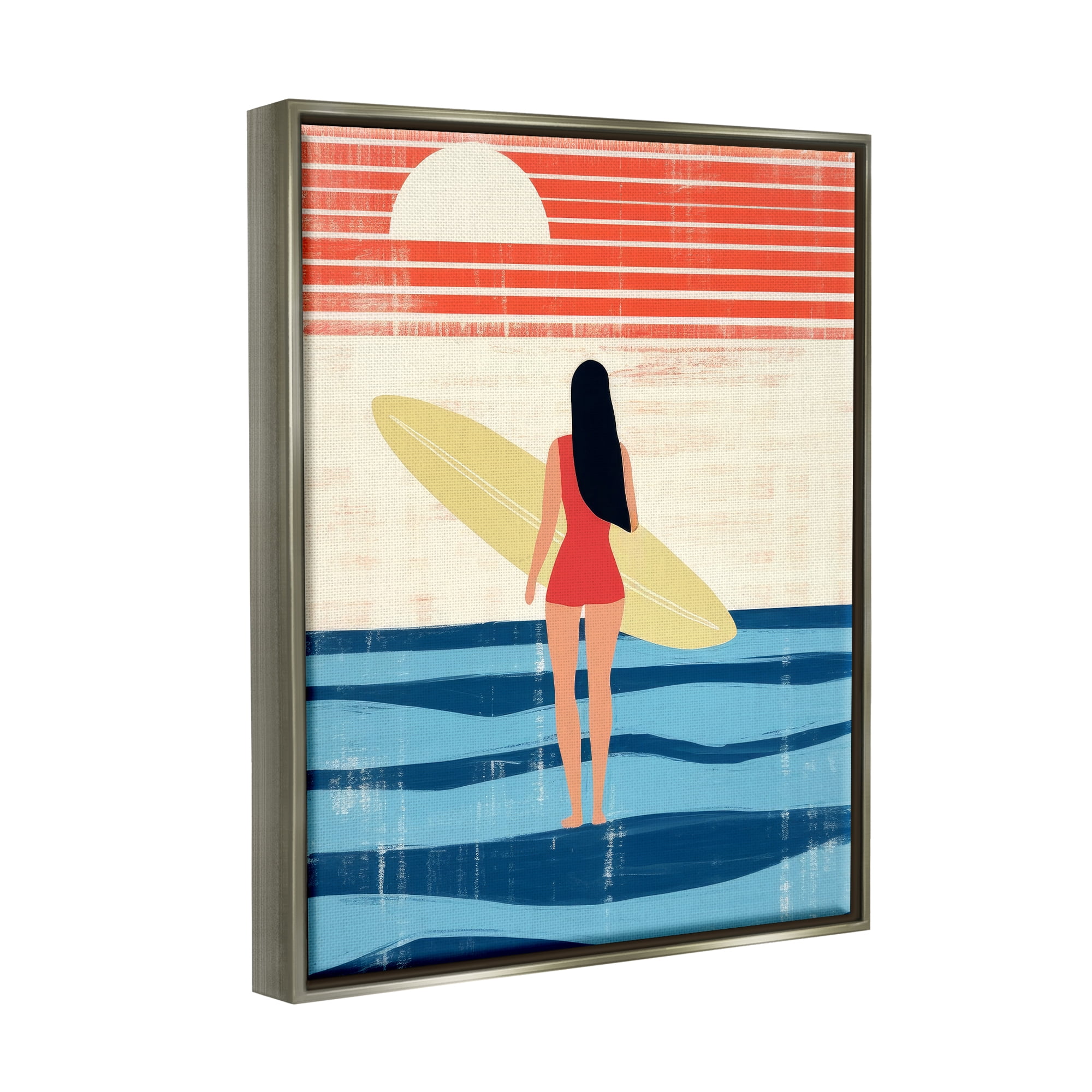 Stupell Industries Rustic Surfer Girl Abstraction Abstract Painting Gray Floater Framed Canvas Art Print Wall Art, 17 x 21
