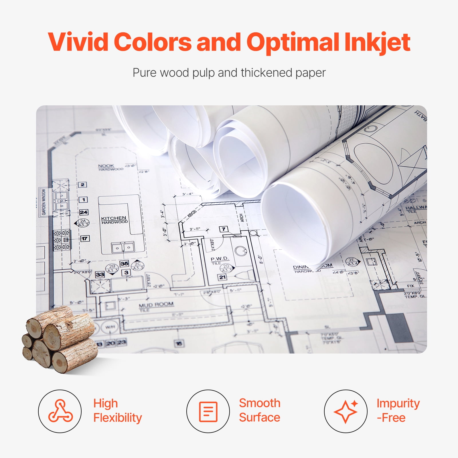 KFFKFF Broad Dimension Paper, 24 inches by 500 feet Drafting Paper, Dual Rolls of CAD Bond with 3-inch Core, 20 LB Bond Paper Rolls, Suitable for CAD Sketches, Engineering Blueprints