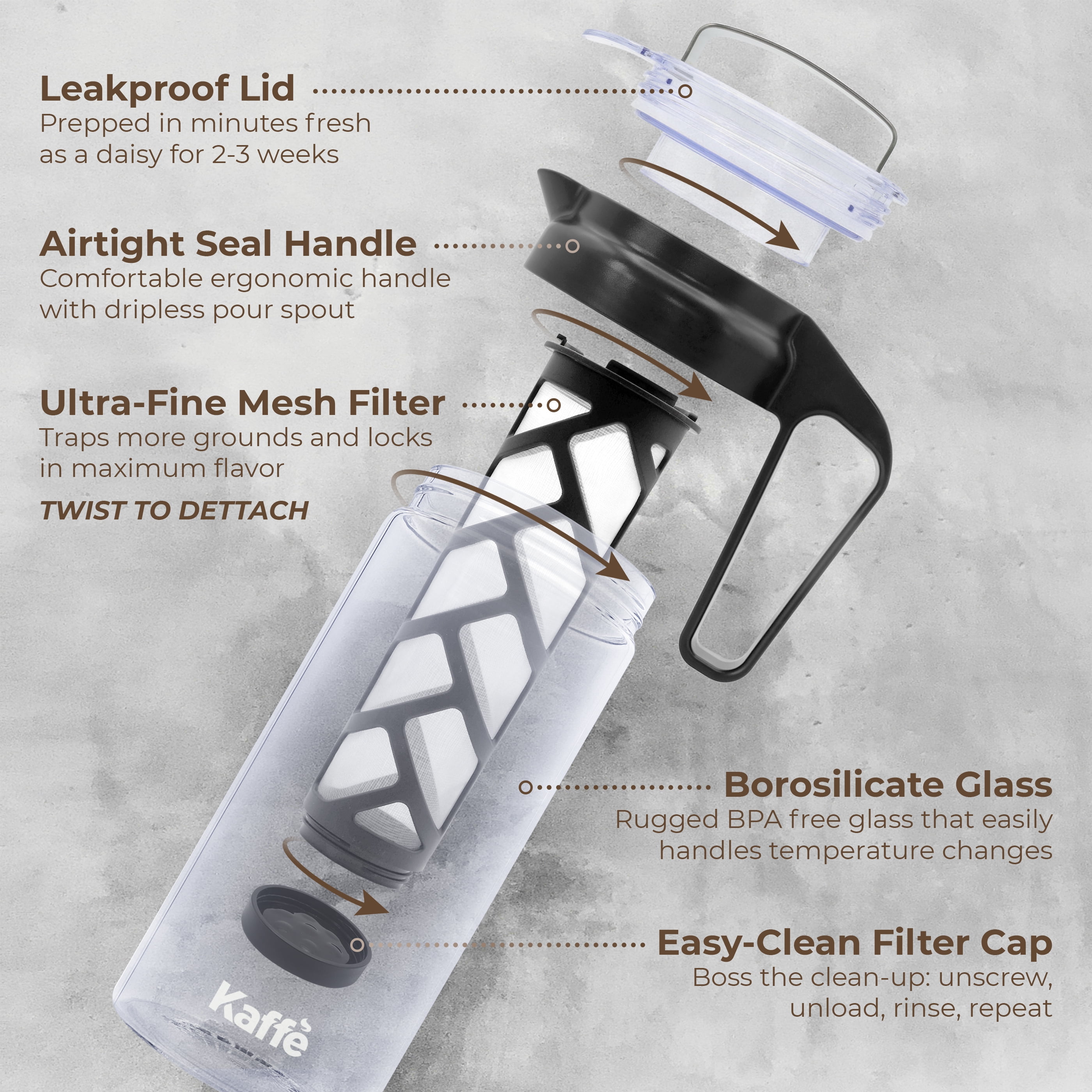 Kaffe Cold Brew Coffee Maker, 1.3L cold brew pitcher, Cold brew coffee and Tea Brewer, Easy to clean Mesh filter, iced coffee accessory, Tritan Glass cold coffee maker