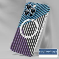 ELEHOLD Ultra Slim Carbon Fiber Wireless Charging Case for Apple iPhone 16 Plus - Frameless PC Shockproof Bumper Case Support Magsafe Feature Case, Blue/Silver/Purple