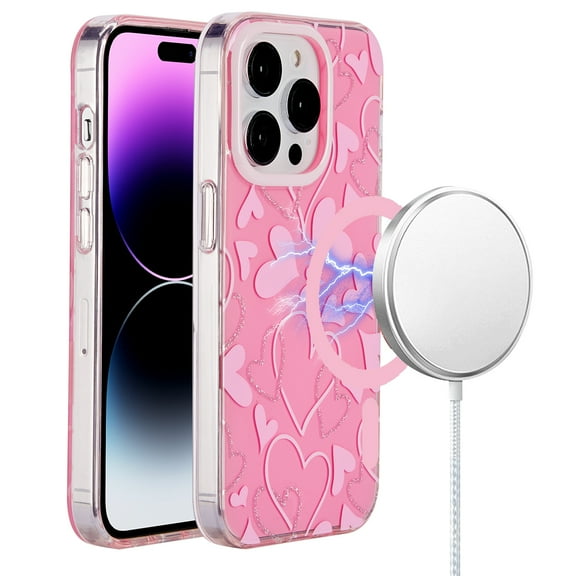 Designed for Apple iPhone 13 Pro Max Fashion IMD Design Pattern Cute Design Hybrid with Magnetic Circle MagSafe Compatible Phone Case Cover [Hearts Pink]