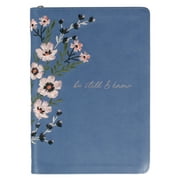 Classic Faux Leather Journal Be Still & Know Psalm 46:10 Blue Floral Embroidered Inspirational Notebook, Lined Pages w/Scripture, Ribbon Marker, Zipper Closure