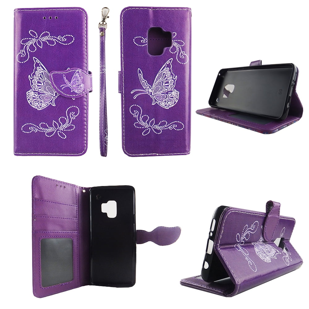 Tree Cat Butterfly purple Wallet synthetic leather Flip-Cover CLM-Tech Case for Samsung Galaxy S9 Phone Protective Case with Stand and Card Slots