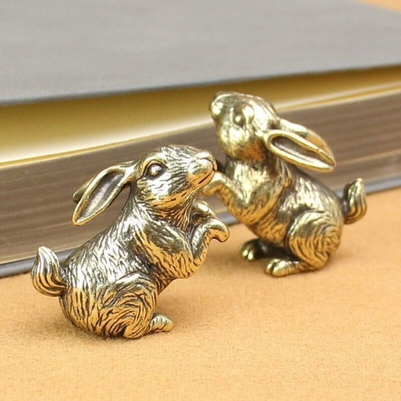 Brass Rabbit Figurine Statue Animal Figurines Toys Home Table Decorations 2pcs